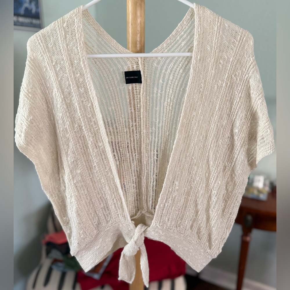 Elegant Cream Short Sleeve Tie-Front Wrap Cardigan
